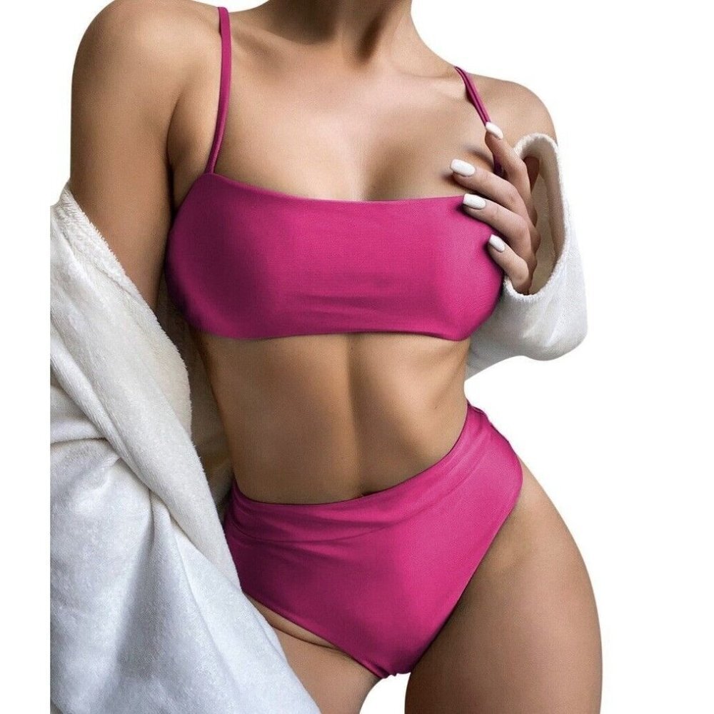 Hot Pink  Women's Two Piece Swimsuit Bikini High Waisted Stretch Padded Size L
